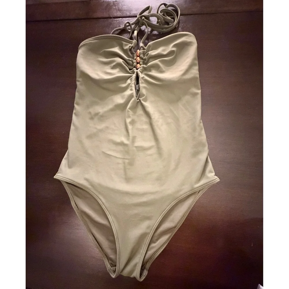 Aerie Olive Green Halter One Piece Swimsuit Ruched Beaded Keyhole Size S